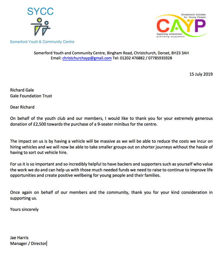 CAYP Minibus Funding Thank You Letter